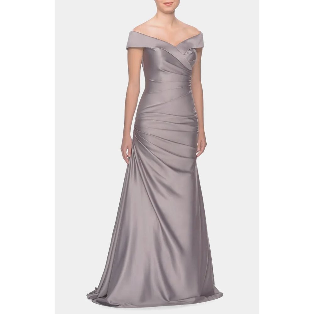 La Femme Silver Gray Off-the-Shoulder Satin Maxi Gown